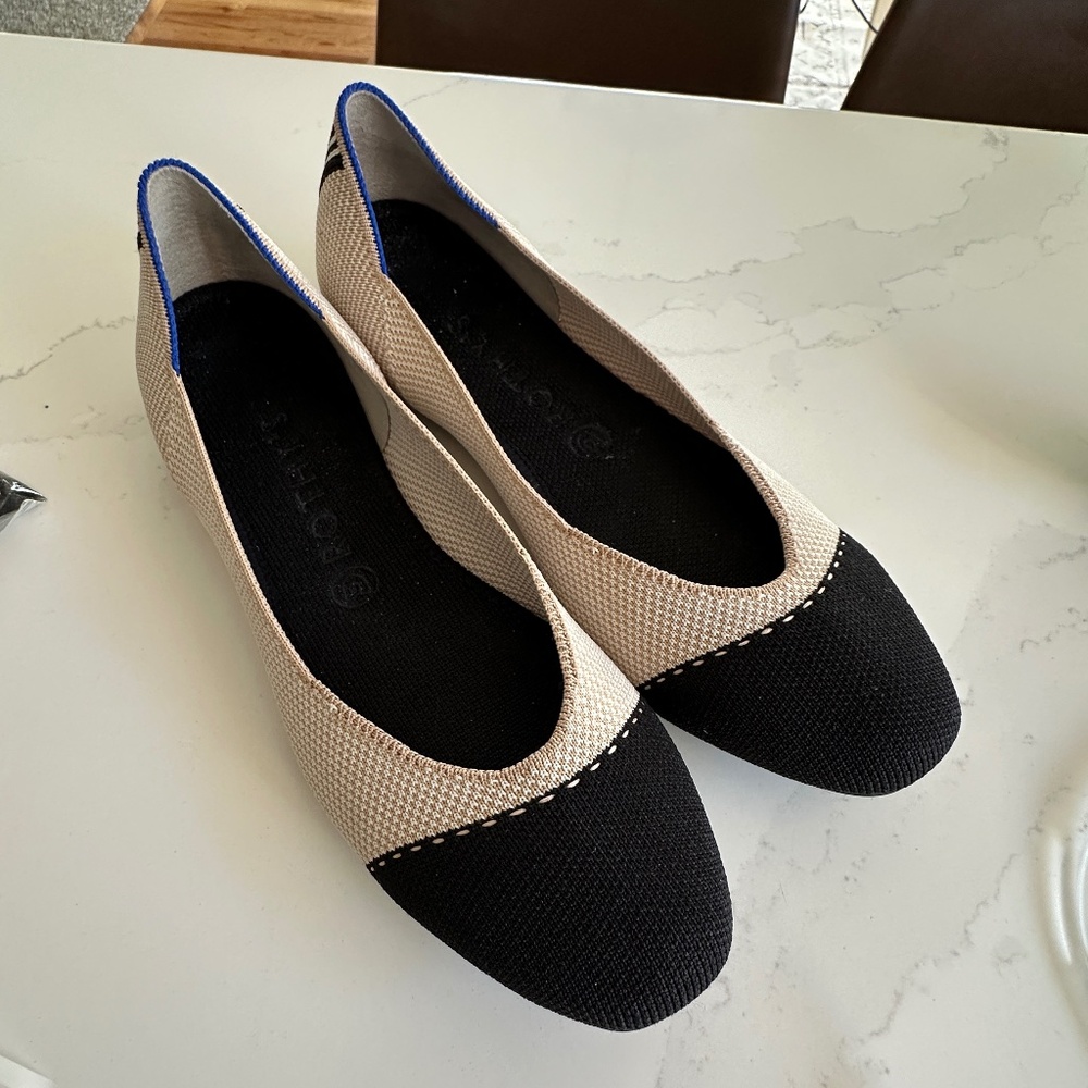 Rothy's The Square Flat Tuxedo Stripe Two Tone Tan/Black Flats Size 10